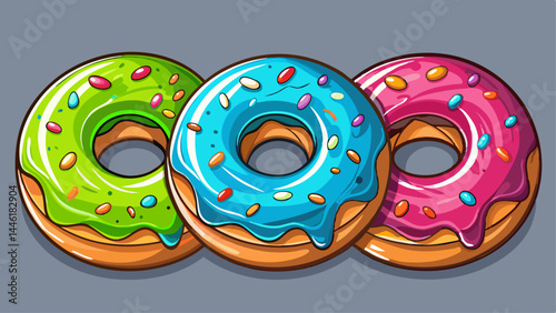 Three colorful donuts lined up in perfect harmony.
Each topped with vibrant glaze and playful sprinkles.
A fun and tasty mix of shape, shine, and sugar.
Isolated on transparent background for creative
