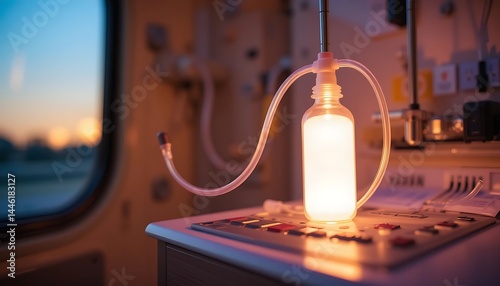 Glowing Bottle with Tubes on a Medical Device at Sunset