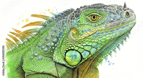 Watercolor portrait of a vibrant green iguana with detailed scales and striking eye.