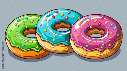 Three colorful donuts lined up in perfect harmony.
Each topped with vibrant glaze and playful sprinkles.
A fun and tasty mix of shape, shine, and sugar.
Isolated on transparent background for creative
