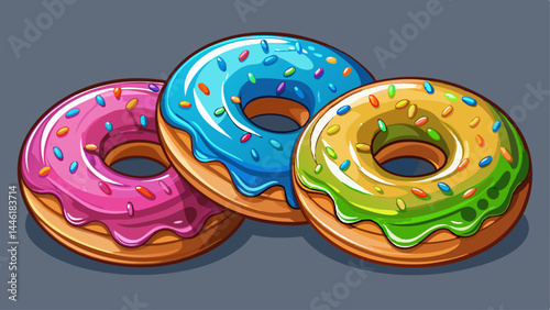 Three colorful donuts lined up in perfect harmony.
Each topped with vibrant glaze and playful sprinkles.
A fun and tasty mix of shape, shine, and sugar.
Isolated on transparent background for creative