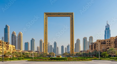 Dubai Frame Skyline View - Modern architecture, vibrant city, lush greenery, golden frame, urban landscape. Symbolizing progress, beauty, prosperity, innovation, and tourism