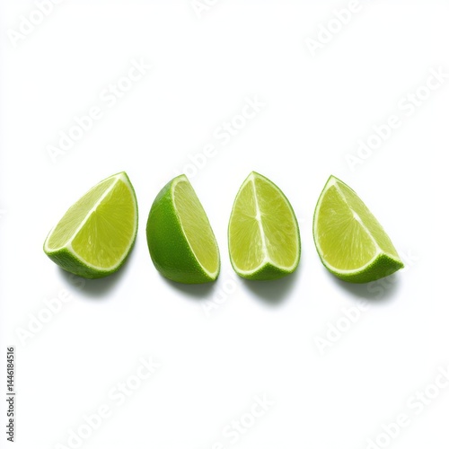Four lime wedges in a row isolated on white background