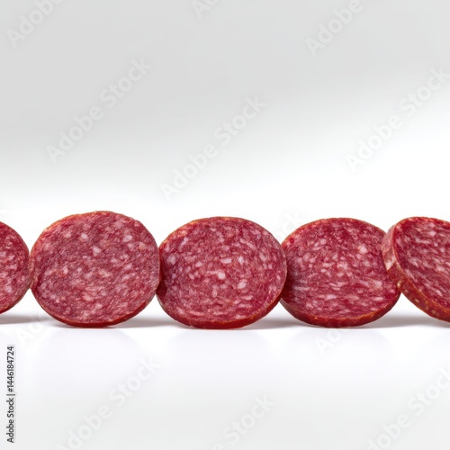 Salami slices in a row isolated on white background