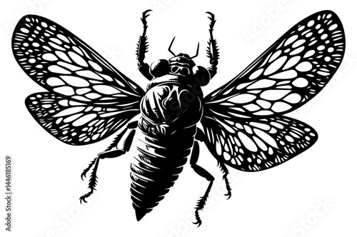 Black and white silhouette of a cicada on a white isolated background. Vector graphics. EPS.