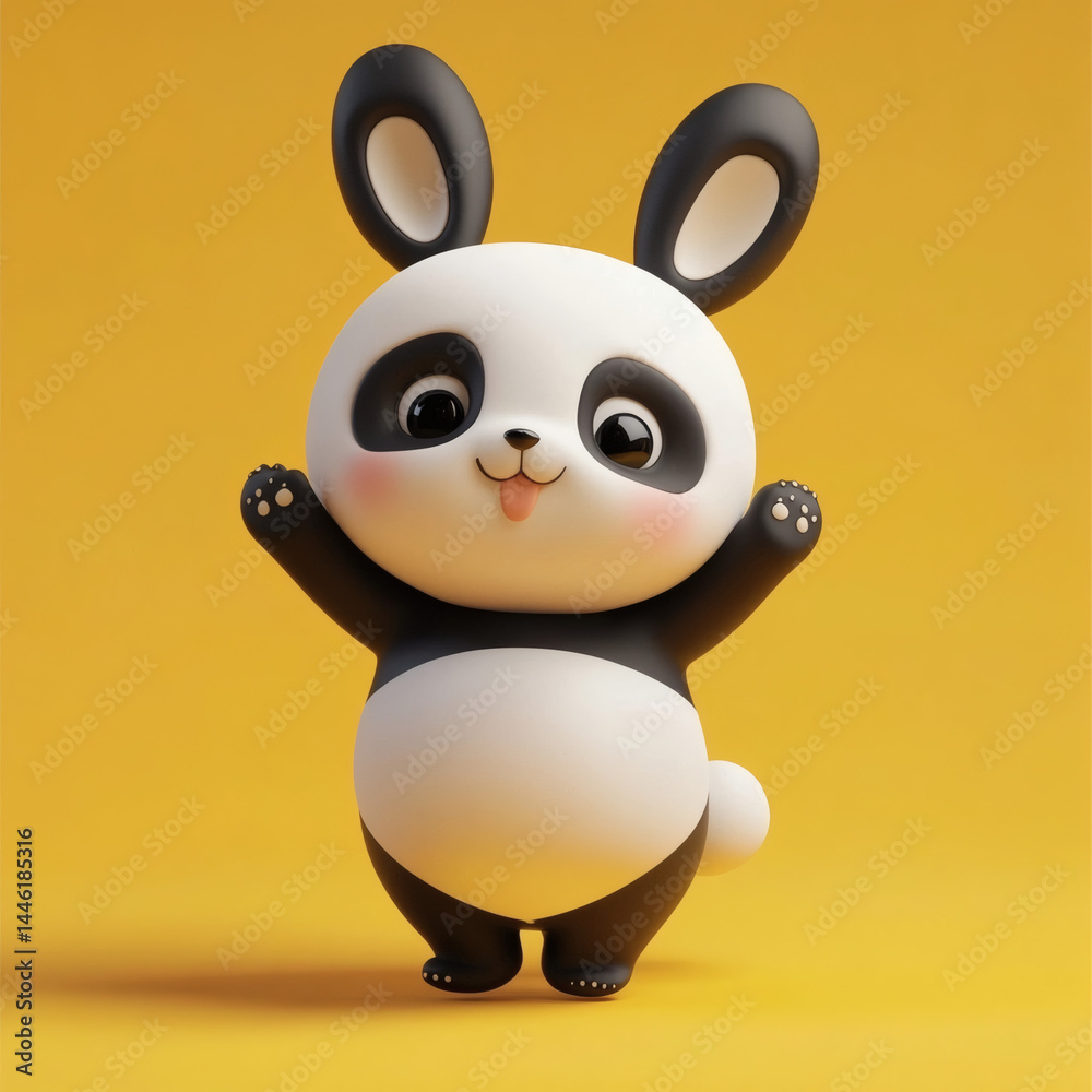 Fototapeta premium Cute 3D Cartoon Panda Character Standing on Yellow Background