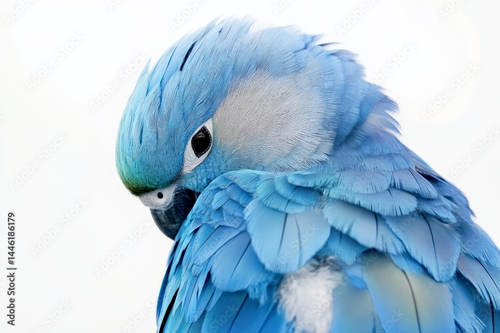 Fototapeta premium Blue Parrot Portrait - Close-up of a vibrant blue parrot, feathers detailed, against a white background. A peaceful and serene
