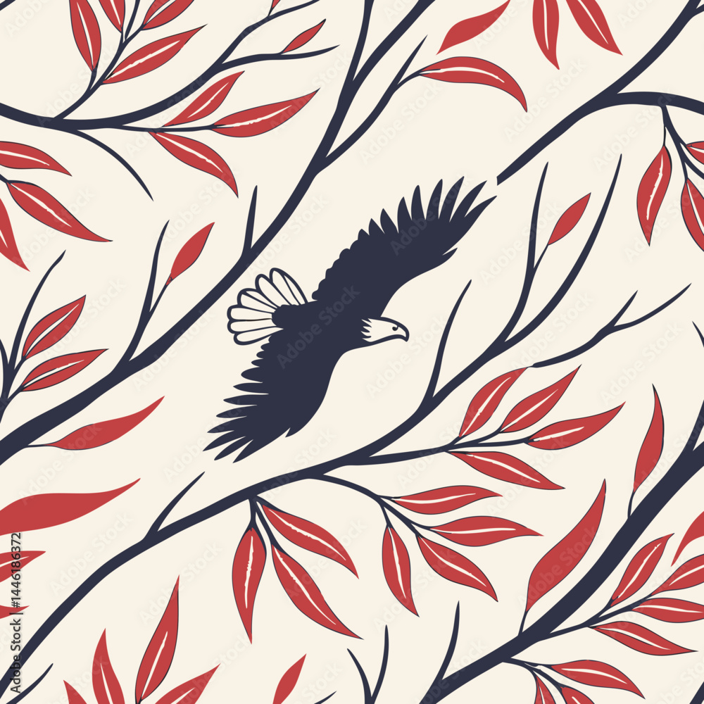 Obraz premium Seamless vector pattern of an eagle among red branches 
