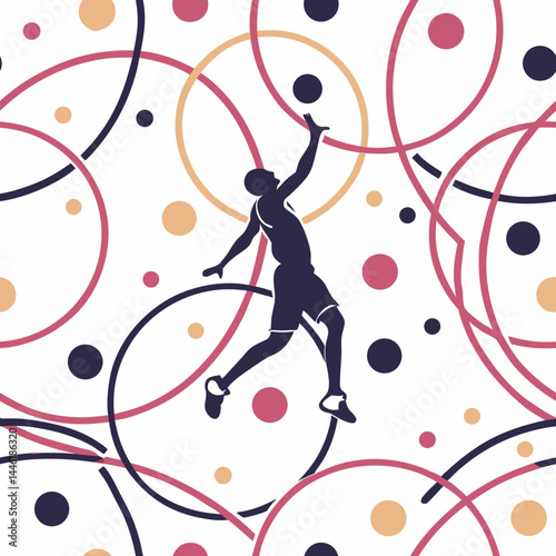 Seamless vector pattern of a basketball player jumping among circles  