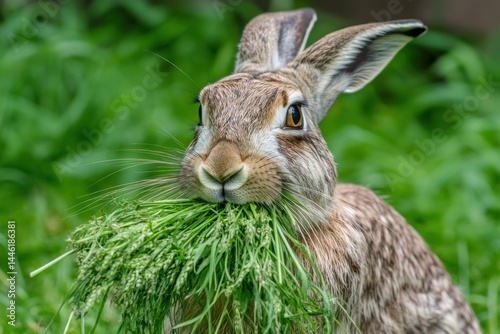 European hare forages for fresh greens in lush field during daylight, European hare lepus europaeus in the wild on the field