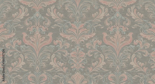 Elegant Damask Pattern Wallpaper - A luxurious damask textile pattern in muted pink and teal on a grey background. Perfect for design projects