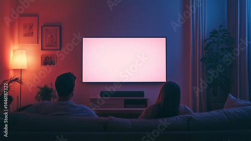 Family sitting together on a comfortable sofa, seen from behind, watch a large blank television screen in living room with white screen, mockup for advertising or promotional.