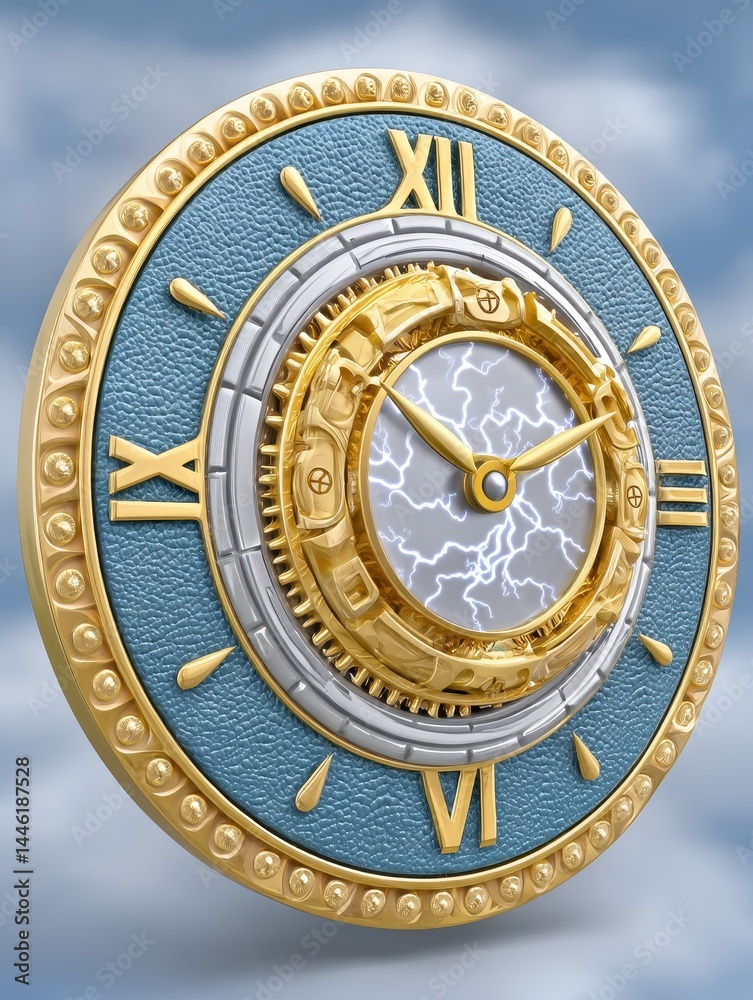 Obraz premium Ornate Gold and Blue Clock with Lightning Bolt Design Against a Pale Blue Sky