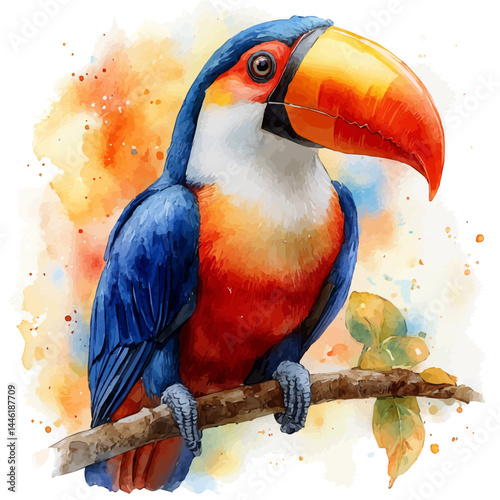 watercolor of Toucan Perched On A Vine, vector, isolated on a white background.