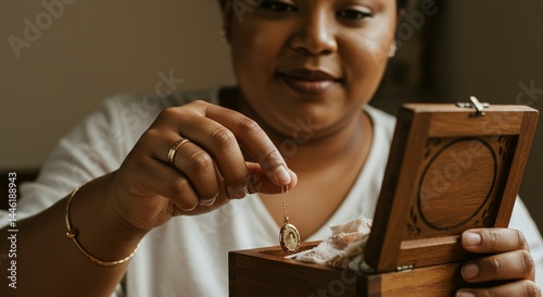 Woman holding a locket necklace above an open wooden keepsake box with memories.