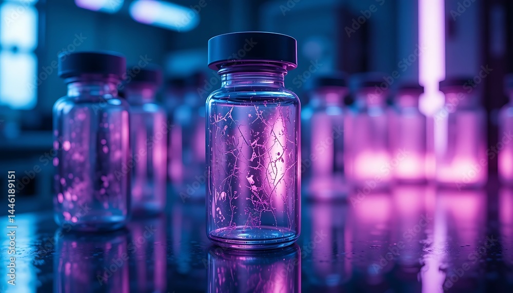 Glass Vials Illuminated with Purple and Blue Light, Reflecting