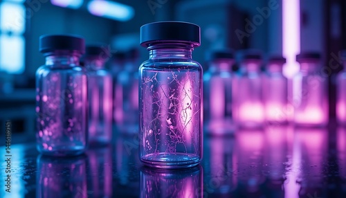 Obraz na płótnie Glass Vials Illuminated with Purple and Blue Light, Reflecting w salonie