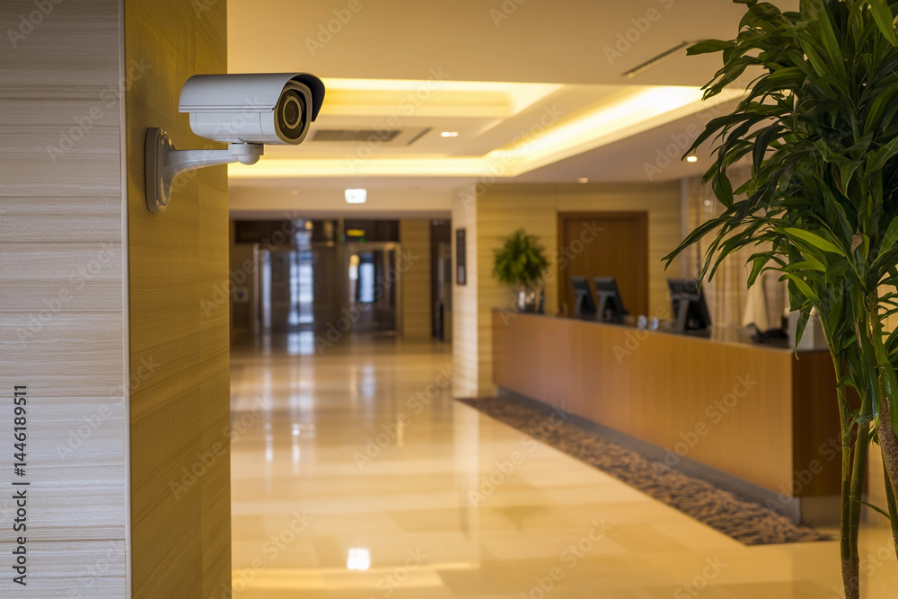 Security camera in bright hotel lobby setting Generative AI