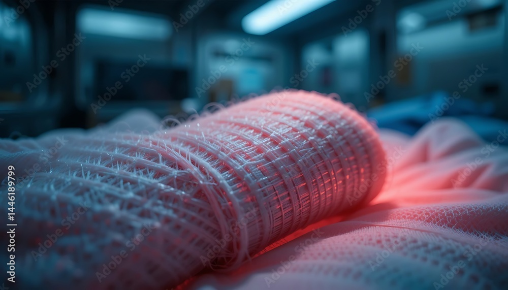 Textile Fabric Rolled Up Illuminated with Red Light in Blue Tone Room