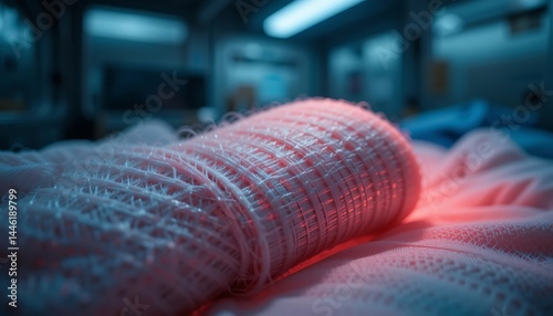 Obraz na płótnie Textile Fabric Rolled Up Illuminated with Red Light in Blue Tone Room w salonie