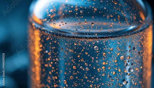 Close Up of Glass with Water Droplets Lit with Orange and Blue