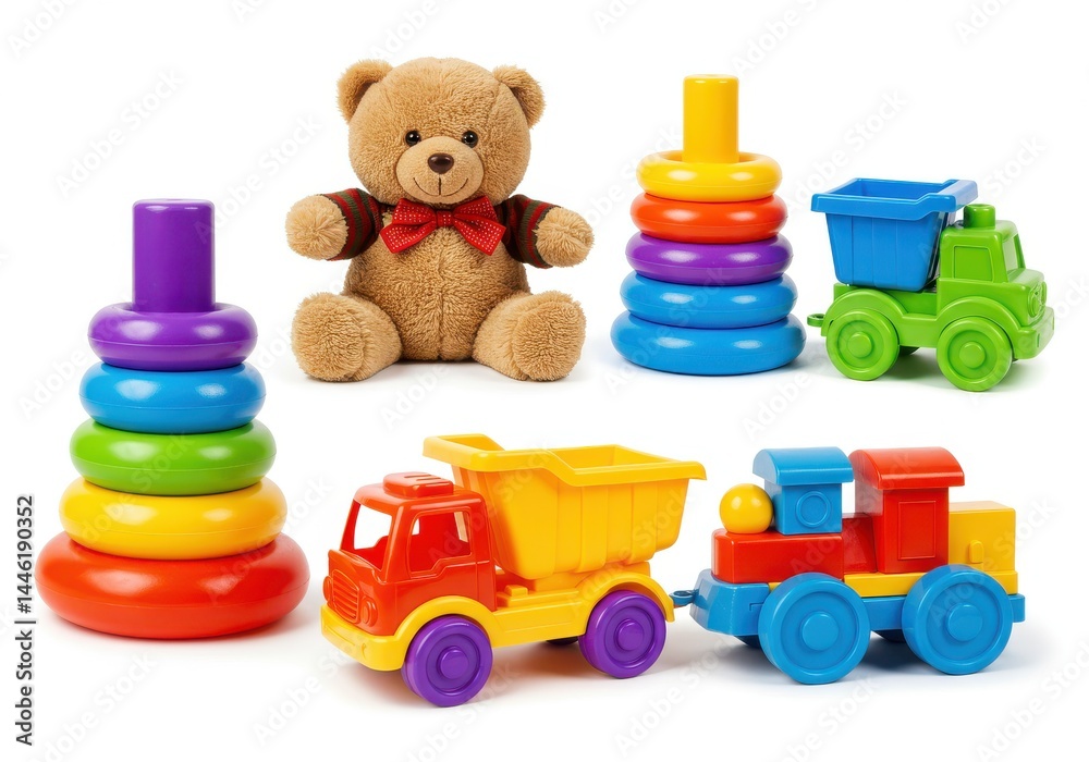 Toys collection still life isolate on white background Toys collection still life isolate on white background