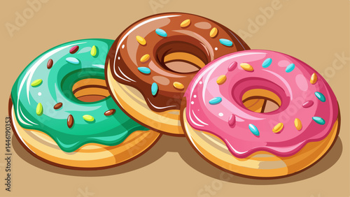 Pink, chocolate, and mint-glazed donuts side by side.
Glossy icing and cheerful toppings enhance the appeal.
A balanced set of bold color and delicious form.
Ideal for menus, packaging, and vector ill