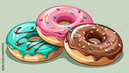 Pink, chocolate, and mint-glazed donuts side by side.
Glossy icing and cheerful toppings enhance the appeal.
A balanced set of bold color and delicious form.
Ideal for menus, packaging, and vector ill