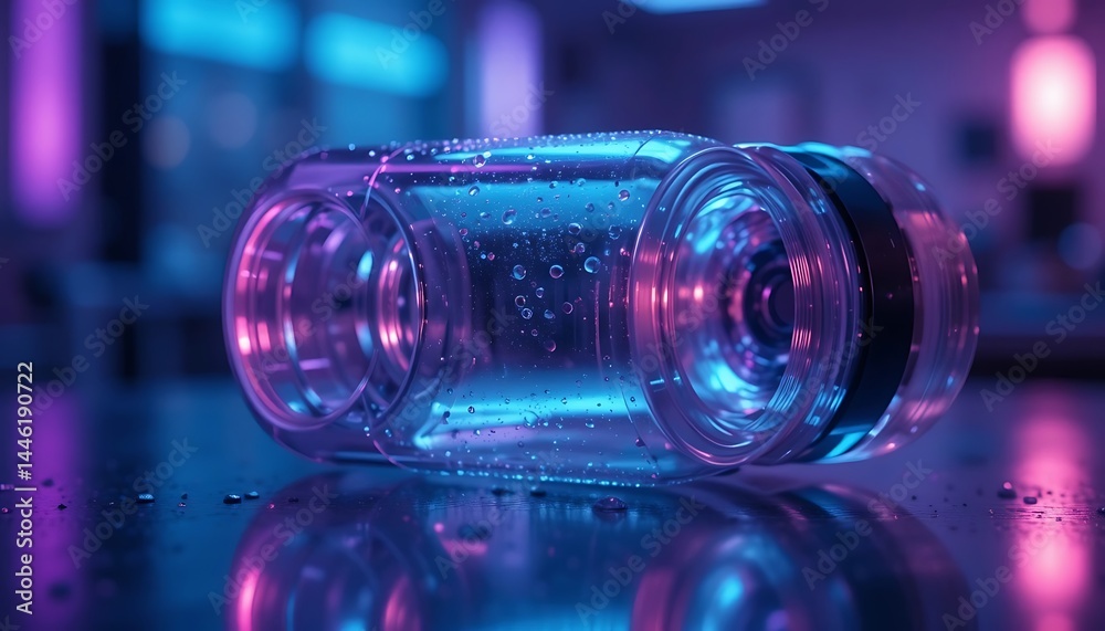 Clear Glass Cylinder with Water Droplets and Colorful Ambient Lighting