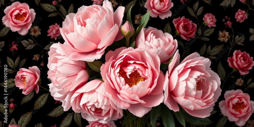 Fototapeta premium Vintage bouquet of blush peonies on black baroque floral background Elegant, old-fashioned, natural flower pattern, peonies, wedding