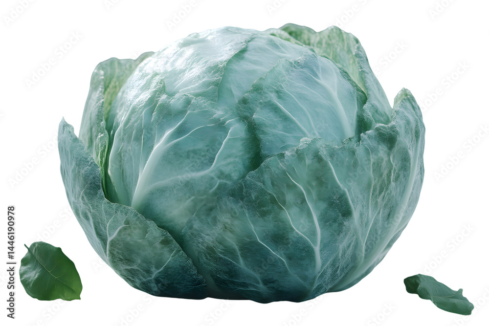 Obraz premium Closeup of a Green Cabbage with Leaves Isolated on Black Background