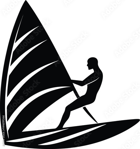 silhouette of a wind surfer in action on white 