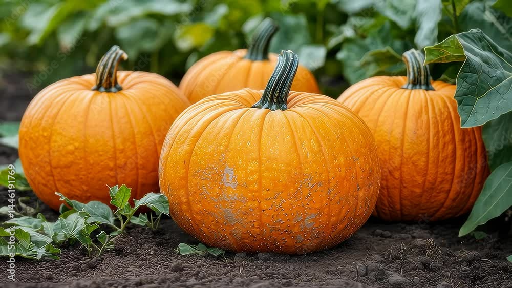 Four pumpkins in a field with natural light Four pumpkins in a field with natural light