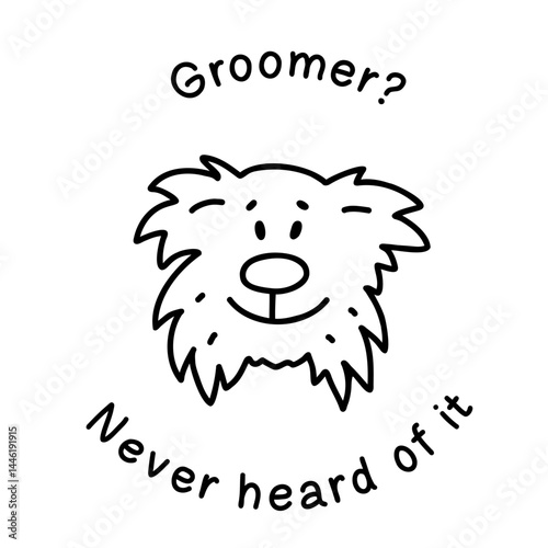 Shaggy bearded dog head in a round text frame. Black and white doodle illustration of a fuzzy pup with happy face. Perfect for branding, merchandise, social media posts and pet-related designs.