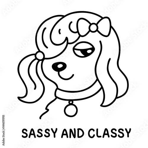 Maltese dog head with long wavy hair in girlish style. Hand-drawn doodle illustration, black and white vector outline with text. Perfect for branding, social media posts and pet-related designs.