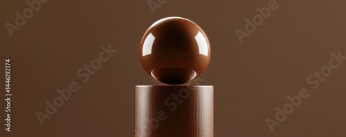 A shiny, brown sphere resting atop a glossy, cylindrical pedestal against a muted brown backdrop.