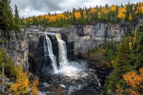 Captivating view of Stewart Falls in autumn with vibrant foliage and dramatic cliffs, Beautiful Stewart Falls Wide, Locked Off Shot
