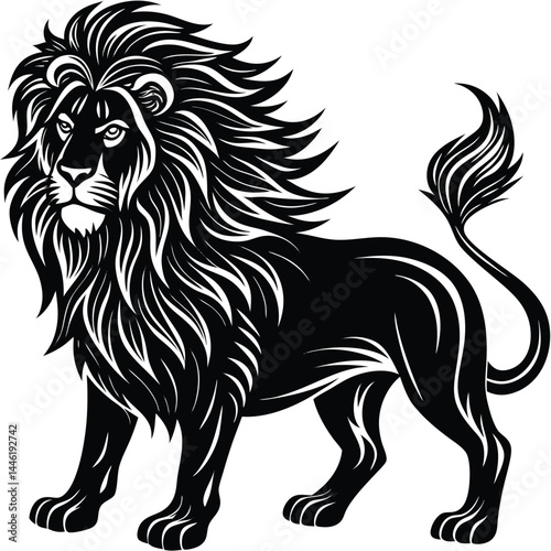 Wallpaper Mural Regal Lion Silhouette Majestic Mane, Detailed Fur, Powerful Stance, Black on White Torontodigital.ca