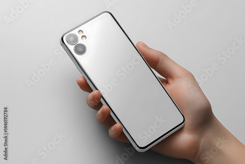 Sleek Modern Smartphone Mockup with Dual Camera Setup Held in Hand on Light Background for Technology or Product Branding

 photo