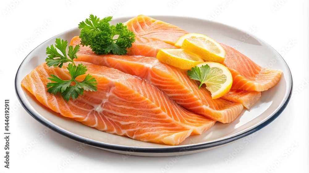 Fresh salmon fillets on a plate with lemon slices and parsley ready to be cooked healthy food Fresh salmon fillets on a plate with lemon slices and parsley ready to be cooked healthy food