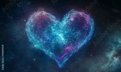 Shimmering iridescent aurora borealis-like fractal displays in the shape of a heart with celestial bodies, glowing heart shapes, aurora borealis, mystical aura