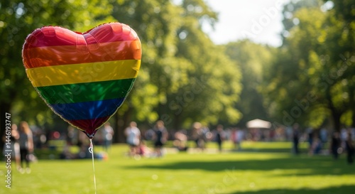 Rainbow colored heart shaped balloon in a park with blurred background of people on grass, concept equality and acceptance for pride month event