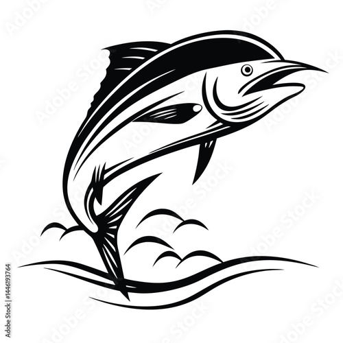 Marlin Fish Leaping Silhouette, Black and White, Ocean Waves, Simple Design, Sea Animal