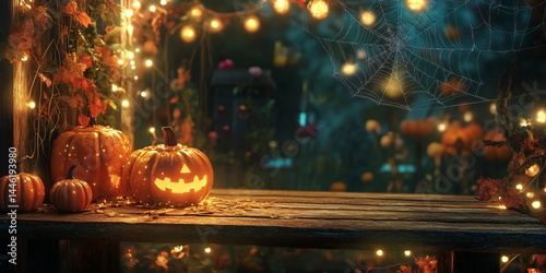 A cozy autumn scene with a wooden table and twinkling lights.  The warm glow from pumpkins and a spiderweb creates a festive Halloween backdrop.  Perfect for showcasing your product.
