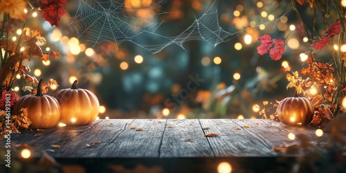 A cozy autumn scene with a wooden table and twinkling lights.  The warm glow from pumpkins and a spiderweb creates a festive Halloween backdrop.  Perfect for showcasing your product.