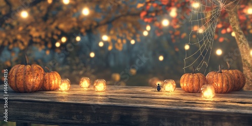 A cozy autumn scene with a wooden table and twinkling lights.  The warm glow from pumpkins and a spiderweb creates a festive Halloween backdrop.  Perfect for showcasing your product.