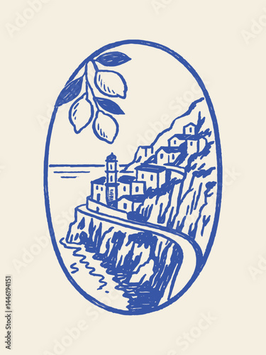 Amalfi coast with lemons, oval sketch hand drawn vector

