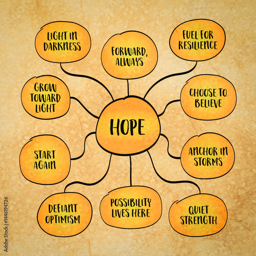 Hope concept, not naive optimism, but a steady belief that forward is possible, even in uncertainty. Infographics mind map sketch.