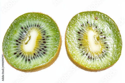 Two juicy kiwi fruit slices vibrant green fresh and bright isolated on white background