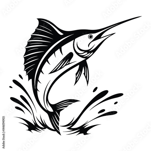 Silhouette of a Jumping Marlin, Black and White Illustration, Water Splash, Fish Logo